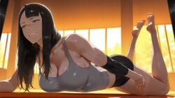 ai ai_assisted ai_generated eizouken_ni_wa_te_wo_dasu_na! freckles half_naked kanamori_sayaka pose posing shorts stretching sunlight sweat sweating