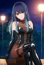 1girls ai_generated asian big_breasts blue_eyes blue_hair boots cleavage corset crossed_legs dominatrix dominatrix_outfit elbow_gloves exhibitionism femdom gloves kurokawa_akane latex latex_boots latex_clothing latex_corset latex_gloves long_hair looking_at_viewer oshi_no_ko outside sitting younger_female