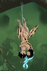 2022 absurd_res animal_humanoid antennae_(anatomy) anthro ash_(eto_kii) black_hair black_spots blush digital_drawing_(artwork) digital_media_(artwork) duo featureless_butt featureless_feet feet green_eyes hair hanging_upside_down hi_res humanoid leopard_slug male male/male micro mollusk mollusk_humanoid nude outside_sex plant purple_eyes sex slime smile spots tail tentacle tree unusual_anatomy upside-down yellow_body