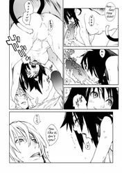 animal_ears black_hair breasts cat_ears censored choker collar comic copyright_request fellatio highres monochrome nude oral penis poorly_translated tail tongue translated wet yukimi