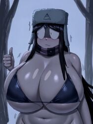 1girls ai_assisted ai_generated aiden_(kaaatie) barely_clothed barely_contained_breasts big_breasts bra breasts_bigger_than_head emotionless female fundamental_paper_education kaaatie katieverse momiji_(artist) pale-skinned_female pale_skin put_some_clothes_on_its_fucking_freezing snow swimwear thumbs_up ushanka