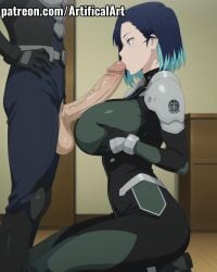 1boy 1boy1girl 1girls ai_generated aqua_eyes armor balls big_breasts big_penis black_bodysuit black_gloves blue_eyes curvy_figure female kaiju_no.8 kissing kissing_penis latex_bodysuit light-skinned_female light_skin military_uniform penis penis_on_breast perfect_body sex shinonome_rin short_hair shoulder_armor squeezing_breasts tight_clothing two-tone_hair uncensored watermark