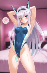 absurdres arms_up ass_visible_through_thighs blue_eyes breasts collarbone commentary_request commission covered_navel covered_nipples cygnus_(cygnus7) dodonpachi_saidaioujou donpachi_(series) female hairband highres indoors long_hair looking_at_viewer maria_(saidaioujou) medium_breasts pixiv_commission solo standing thighs variant_set white_hairband