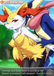 braixen english english_text fox fox_girl from_behind furry furry_female furry_only greninja pokemon pokemon_(species) reit tagme watermark