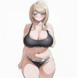 ai_generated akamatsu_kaede big_breasts black_panties blacked blacked_clothing blonde_hair bra breasts curvy danganronpa danganronpa_v3 huge_breasts kyoko_chan3 long_hair panties pink_eyes snowbunny thick tummy underwear underwear_only white_background wide_hips