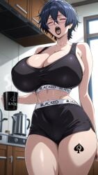 1girls ai ai_art ai_generated akinama_family_(noir-black-shooter) big_breasts black_lipstick blacked blacked_clothing closed_eyes coffee dark_blue_hair female glasses huge_breasts morning naoki_akinama_(noir-black-shooter) noir-black-shooter oc original original_character qos qos_tattoo queen_of_spades queen_of_spades_symbol queen_of_spades_tattoo short_hair sports_bra sportswear
