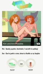 2d 2d_(artwork) 2girls ann_possible barefoot blue_eyes breasts completely_nude disney english_text feet female female/female female_only green_eyes incest kim_possible kimberly_ann_possible lesbian_sex light-skinned_female light_skin long_hair milf mom_swap mother_and_daughter multiple_girls naked nearphotison nipples nude nude_female orange-haired_female orange_hair scissoring sex soles spread_legs text toes tribadism yuri