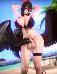 1futa 3d 3d_(artwork) alternate_version_at_source alternate_version_available black_hair blush choker condom evekaczmarek hanekawa_hasumi hasumi_(blue_archive) ice_cream latex_condom leg_strap red_eyes tagme wings