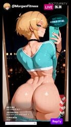 1boy abs ai_generated anus ass asshole basket big_ass big_butt blonde_hair blue_eyes boy bulge chat choker curvy curvy_body curvy_figure english_text fat_ass femboy femboy_focus femboysub feminine_body feminine_male fitness fitness_influencer flat_chest gay girly gym gym_uniform huge_ass livestream male male_only minishorts morgan_pitfall(oc) noctzurn selfie selfie_pose showing_ass solo streamer streaming text text_bubble thick_ass thick_hips thick_thighs thighs yaoi