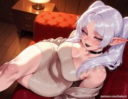 ai_generated alternate_costume balecxi black_choker black_lips cleavage couch crossed_legs drop_earrings elf female frieren frieren_beyond_journey's_end green_eyes indoors jewelry large_breasts long_hair looking_at_viewer off_shoulder patreon_username pointy_ears sitting solo thick_thighs twintails web_address white_dress white_hair