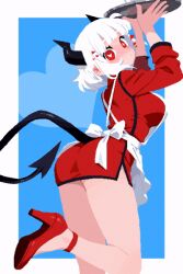 animated apron archapxl ass breasts demon demon_girl demon_horns demon_tail female fully_clothed helltaker large_breasts modeus_(helltaker) pixel_art red_eyes tagme white_hair