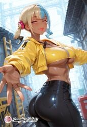ai_generated ass black_pants blonde_hair blue_eyes blue_hair breasts canari_(pokemon) canary_(pokemon) dark-skinned_female dark_skin female hair_ornament jacket large_breasts looking_at_viewer multicolored_hair naughtygirlsai pants pokemon smile solo sweat twintails twisted_torso underboob yellow_jacket