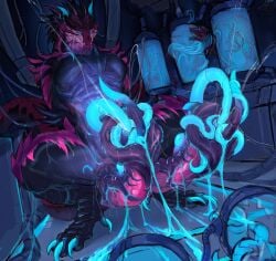 2_penises bai_(laobai) bodily_fluids claws crouching dragon drooling feral genital_fluids genitals hi_res horn laobai male multi_genitalia multi_penis mythological_creature mythological_scalie mythology parasite_in_urethra penetration penis precum precum_squirt presenting saliva scalie solo tail unusual_anatomy unusual_genitalia unusual_penis urethral urethral_penetration vein veiny_penis