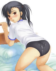 asymmetrical_bangs bangs bed black_hair blush brown_eyes buruma clothing cum cum_on_ass cum_on_clothes gym_uniform looking_back mahou_sensei_negima! sakurazaki_setsuna side_ponytail suda_(yuunagi_enikki) yuunagi