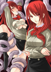 ambiguous_penetration arms_up blush boots bow breast_squeeze breasts crossed_arms cum hair_over_one_eyes high_heels highres ixel's_prescription juxtaposition large_breasts leg_lift long_hair long_red_hair mitsuru_kirijo no_bra panties persona persona_3 rape red_eyes red_hair restrained_by_tentacles saliva school_uniform serafuku shoes skirt skirt_lift smile sweater tears tentacle tentacle_in_pussy tentacle_rape tentacle_under_clothes tentacles_around_arms tentacles_around_legs tomihero torn_clothes torn_shirt underwear vaginal_penetration white_panties