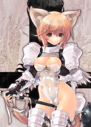 animal_ears armor breasts brown_eyes cameltoe cat_ears cat_tail cleavage crotch_rub fantasy_earth_zero fingerless_gloves gloves lingerie mace masturbation miwa_yoshikazu nipple_slip nipples orange_hair pussy_juice see-through short_hair sweat tail thighhighs underwear weapon