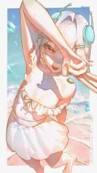 1girls absurdres antennae bare_shoulders beach breasts codebug_(ellie_minibot) dress ellie_minibot female flat_chest flat_chested hair_ornament hashtag-only_commentary highres indie_virtual_youtuber legs outdoors radio_antenna red_eyes ribbon short_hair small_breasts tkom tongue tongue_out v virtual_youtuber vtuber water white_dress white_hair