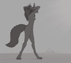 4_toes anthro breasts canid canine canis charity_cross commandercross ear_piercing feet female hi_res industrial_piercing looking_away mammal nipple_piercing nipples piercing pubes rear_view side_view solo standing toes wolf