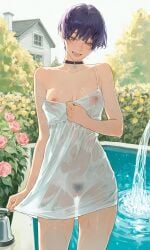 ai_generated choker covered_pussy female female_only fountain garden house looking_down nipple_slip no_bra no_panties original original_character pubic pubic_hair purple_hair see-through_clothing see-through_dress short_hair strap_slip transparent_clothing very_short_hair wet_clothes wet_clothing wet_dress wet_skin white_dress
