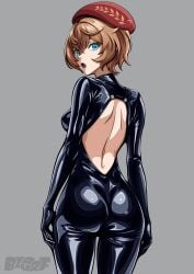 1girls artist_name ass back back_cutout beret black_bodysuit blue_eyes bodysuit breasts brown_hair bzurrf clio_aite clothing_cutout female from_behind grey_background hag hat highres latex latex_bodysuit looking_at_viewer looking_back mature mature_female medium_breasts open_mouth phase_connect red_hat short_hair simple_background solo teacher tight_clothing virtual_youtuber vtuber