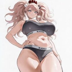 ai_generated big_breasts black_panties blacked blacked_clothing blonde_hair blue_eyes bra breasts crown curvy danganronpa danganronpa:_trigger_happy_havoc hand_on_hip huge_breasts junko_enoshima kyoko_chan3 panties snowbunny thick tummy twintails underwear underwear_only white_background wide_hips