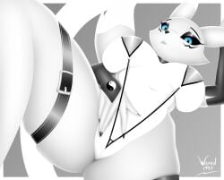 absurd_res anthro bandai_namco bra breasts canid canine clothing digimon digimon_(species) female fox genitals hi_res legwear looking_at_viewer makeup mammal pose renamon solo stockings tail underwear vulva wizard1997