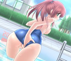 ass_grab bent_over blush breasts censored character_request copyright_request green_eyes hips kemu long_hair looking_back mosaic mosaic_censoring one-piece_swimsuit ponytail pool presenting pussy red_hair sideboob source_request swimsuit swimsuit_aside thigh_gap thighs tied_hair topless water wet wide_hips