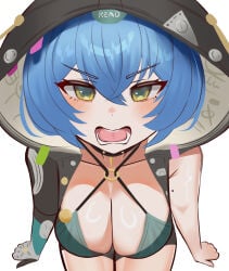 1girl absurdres black_unitard blue_hair blush breasts choker cleavage collarbone commentary_request goat_eyes goat_girl green_eyes hair_between_eyes highres hood hood_up large_breasts leaning_forward looking_at_viewer lucia_elowen open_mouth short_hair simple_background solo teeth tongue upper_body upper_teeth_only white_background yellow_eyes zenless_zone_zero