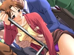 1boy 2000s_(style) between_breasts blue_suit blush braid braided_bun breasts brown_eyes brown_hair brown_skirt cardigan chikan clothes_lift collarbone collared_shirt cowboy_shot crowded curtained_hair dutch_angle exhibitionism female game_cg grabbing_another's_breast grabbing_from_behind grey_necktie groping hair_bun hand_up holding holding_pole huge_breasts large_variant_set long_sleeves looking_back m&m_(mickey_and_mackey) molestation mori_misato_(saishuu_chikan_densha) necktie open_cardigan open_clothes open_mouth panties pink_cardigan pole public_indecency public_nudity purple_panties saishu_chikan_densha_(series) saishuu_chikan_densha shirt skirt skirt_lift standing suit sweat tearing_up third-party_source train_interior underwear variant_set very_low_bun white_shirt yellow_shirt