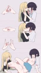 2girls absurdres ahoge arm_support black_hair black_shirt blue_eyes blue_skirt blush bottomless bottomless_female breasts censored censored_genitalia censored_pussy chinese_commentary chou_kaguya-hime! commentary_request couple female female/female female_only girlfriends highres holding_hands interlocked_fingers kaguya_(cho_kaguya-hime!) kissing lesbian_couple lesbian_kiss lesbian_sex long_hair mole mole_under_eye mosaic_censoring mostly_nude mostly_nude_female multiple_girls nipples open_clothes open_mouth open_shirt pleated_skirt pussy pussy_on_pussy pussy_to_pussy red_eyes rubbing_pussies_together sakayori_iroha scissoring shaved_pussy shirt shirt_lift short_hair skirt spread_legs steepled_fingers topless topless_female trembling tribadism tribadism_gesture white_shirt yun_cao_bing yuri