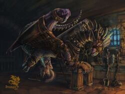 anthro arms_tied bodily_fluids bound cuff_(restraint) cum dragon drangir female feral gag genital_fluids harness hi_res kobold male messy morkep muzzle_(disambiguation) muzzle_(object) mythological_creature mythological_scalie mythology restraints scalie shackles size_difference