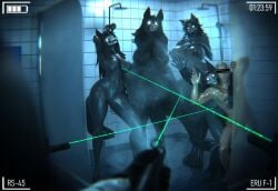 2026 3d_(artwork) absurd_res anthro big_breasts black_body black_fur black_hair black_sclera bone breasts camera_view canid canine censored_face digital_media_(artwork) female fluffy fluffy_tail fur genitals glowing glowing_eyes group gun hair hi_res human laser_pointer looking_at_viewer male mammal nipples nude nude_anthro nude_female nude_human nude_male ranged_weapon rifle scp-1471-a scp_foundation shower skull skull_head skulldog_(species) standing tail vllrukkin vulva weapon white_eyes wide_hips