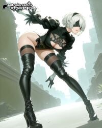 1girls 2b_(nier:automata) ai_generated ass_up bent_over big_ass black_boots black_headband blush breasts cleavage cleavage_cutout curvy dynamic_angle dynamic_pose eyewear female fit gloves headband hentai high_resolution highres leather_boots medium_breasts nier nier:_automata nier_(series) nier_replicant outdoors panties presenting seductive seductive_look short_hair silvergilver solo solo_female solo_focus spread_legs spreading thick_thighs thigh_boots thigh_highs thighhighs white_hair