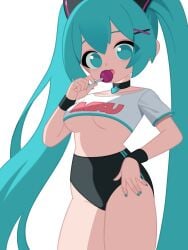 aqua_eyes aqua_hair aqua_nails breasts choker cropped_shirt female happy hatsune_miku highres hochihochiha hochihochihavocaloid leotard lollipop lollipop_in_mouth long_hair looking_at_viewer open_mouth simple_background solo twintails underboob white_background