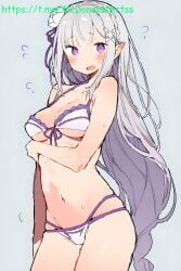 1girl arm_at_side bare_shoulders bikini blush braid breasts cleavage cowboy_shot crown_braid elf emilia_(re:zero) flower flying_sweatdrops front-tie_bikini_top front-tie_top grey_background grey_hair hair_flower hair_ornament hair_ribbon long_hair looking_at_viewer low-tied_long_hair medium_breasts navel open_mouth pointy_ears purple_eyes purple_ribbon ribbon sidelocks simple_background solo standing sweat swimsuit very_long_hair white_bikini white_flower x_hair_ornament 1girls 1female female female_focus solo_female female_only ai_generated justregulus stable_diffusion uncensored hi_res high_resolution highres re:zero_kara_hajimeru_isekai_seikatsu hetero