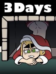 arched_back blonde_hair buckteeth chimney christmas christmas_clothing christmas_outfit english_text frown green_eyes hennah muyhiram on_elbows showing_ass upside-down