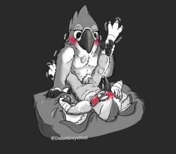 aarakocra_(dnd) air_puff anal anal_orgasm anal_sex animal_genitalia anthro anthro_on_anthro artist_name avian back_wings beak bed bed_sheet bedding bird black_background blush bodily_fluids breath_of_the_wild canon_x_oc cheek_tuft chest_tuft clenching_fist coraciiform cum cum_on_belly cum_on_body cum_on_face curling_talons curling_toes digital_drawing_(artwork) digital_media_(artwork) digitigrade dungeons_and_dragons duo ejaculation eye_contact facial_tuft feather_hands feather_markings feather_tuft feathers feet from_front_position furniture genital_fluids genitals hand_on_bed hand_on_face hands-free hasbro hi_res holding_leg kass_(tloz) kingfisher klaus_dawntalon_(undergreysnest) kookaburra looking_at_another looking_pleasured lying male male/male markings missionary_position monochrome motion_lines muscular muscular_male nintendo on_back one_eye_obstructed open_beak open_mouth orgasm penetration penis penis_on_belly rito sex shaking shaking_legs sheath simple_background slim_male spread_wings standing talon_hands talons tapering_penis text the_legend_of_zelda toes tongue tuft undergreysnest watermark wings wizards_of_the_coast