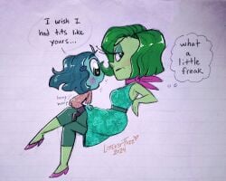 2024 breast_envy breasts clothed dialogue disgust_(inside_out) disgusted disney dry_humping envy envy_(inside_out) female female/female humping humping_leg inside_out inside_out_2 littlestfuzz pixar size_difference suggestive traditional_art yuri