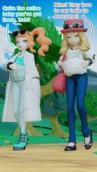2girls 2pregnancy 3d 3d_(artwork) black_eyes brunette_female coat enjoying_pregnancy female female_only game_freak ginger_hair glasses hands_in_pockets heavily_pregnant inkloving multiple_girls multiple_pregnancies nintendo orange_hair pokemon pokemon_(series) pokemon_ss pokemon_xy pregnancy pregnant pregnant_belly pregnant_female ready_to_pop serena_(pokemon) sonia_(pokemon) text