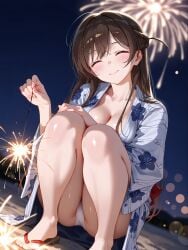 ^_^ aerial_fireworks ai_generated ass bangs bare_legs barefoot blush braid breasts brown_hair clavicle cleavage closed_eyes closed_mouth clothing facing_viewer feet female female female_only fireworks floral_print flower footwear hair_ornament hand_on_own_knee high_resolution holding kanojo_okarishimasu kimono large_breasts legs long_hair long_sleeves looking_at_viewer mizuhara_chizuru night night_sky no_bra obi open_clothes open_shirt outdoors pantsu pitophee print_kimono robe sandals sash shirt sitting sky smile solo sparkler squatting thighs tied_hair toenails toes traditional_clothes underwear very_high_resolution wafuku white_kimono white_panties white_underwear wide_sleeves yukata