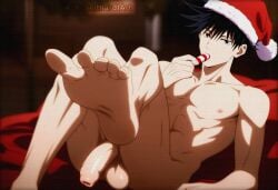 1boy ai_assisted balls big_balls big_penis black_hair foreskin fushiguro_megumi indoors jujutsu_kaisen male male_focus male_only muscular muscular_male neithardtart nipples nude penis santa_hat short_hair solo solo_focus solo_male uncut