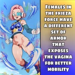 2d ai_assisted ai_generated aura blue_eyes caption dragon_ball dragon_ball_z femsub floating frieza_army_armor gloves maledom_caption oc pink_hair pubic_hair sarina64 scouter shoes short_hair tagme text tinted_eyewear vibrant