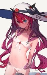 1girl absurdres aged_down arms_behind_back bikini blue_eyes flat_chest flower getto_(ifphilo) hat hat_flower heterochromia highres hololive hololive_english hololive_english_-promise- horns irys irys_(hololive) long_hair looking_at_viewer multicolored_hair pointy_ears red_hair simple_background solo sun_hat swimsuit tagme very_long_hair virtual_youtuber white_background white_bikini white_hat