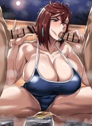 1girls ass ayase_momo big_ass big_breasts blowjob breasts brown_eyes brown_hair censored dandadan double_handjob earrings female handjob jet_puri large_breasts long_fingernails male multiple_boys onsen oral penis questionable_consent squatting sweat swimsuit thighs