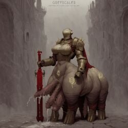 4_penises 6_legs ai_assisted ai_generated armor breastplate cape cum cum_drip cum_dripping cum_dripping_from_penis faceless faceless_futanari frontal_taur_genitals frontal_taur_penis futa_only futanari gauntlets greyscaler holding_weapon large_breasts monster_cock monster_girl multi_genitalia multi_leg multi_limb multi_penis penis penis_piercing solo solo_futa spiked_penis sword taur tetraphallia thick_legs thick_penis tribal_markings triphallia