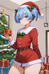 1boy ai_generated assassination_classroom big_thighs blue_eyes blue_hair femberserk femboy flat_chest otoko_no_ko patreon santa_costume santa_hat shiota_nagisa short_hair sissy solo thighs trap