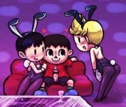 3boys animal_crossing black_eyes black_hair blonde_hair bunnysuit earthbound femboy gay lucas_(mother_3) male_only mother_3 ness only_player strip_club villager_(animal_crossing)