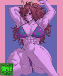 aged_up arms_behind_back bikini black_sclera blush cleavage exposed_armpits half-closed_eyes horned_female horns hourglass_figure large_breasts long_hair loose_hair mina_ashido muscular_female my_hero_academia pink_body shosho_oekaki shueisha simple_background six_pack thick_thighs time_skip