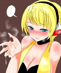 bare_shoulders blonde_hair blue_eyes blush body_blush breasts bust choker cleavage cum cum_in_hand cum_on_body cum_on_upper_body elesa_(pokemon) elesa_(pokemon_bw) female female_only gym_leader han_(jackpot) headphones human human_only nintendo pokemon pokemon_bw short_hair solo