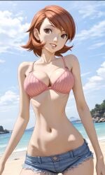 ai_generated anime auburn_hair beach bikini cutoff_shorts daisy_dukes denim_shorts happy persona persona_3 shorts skinny swimsuit yukari_takeba